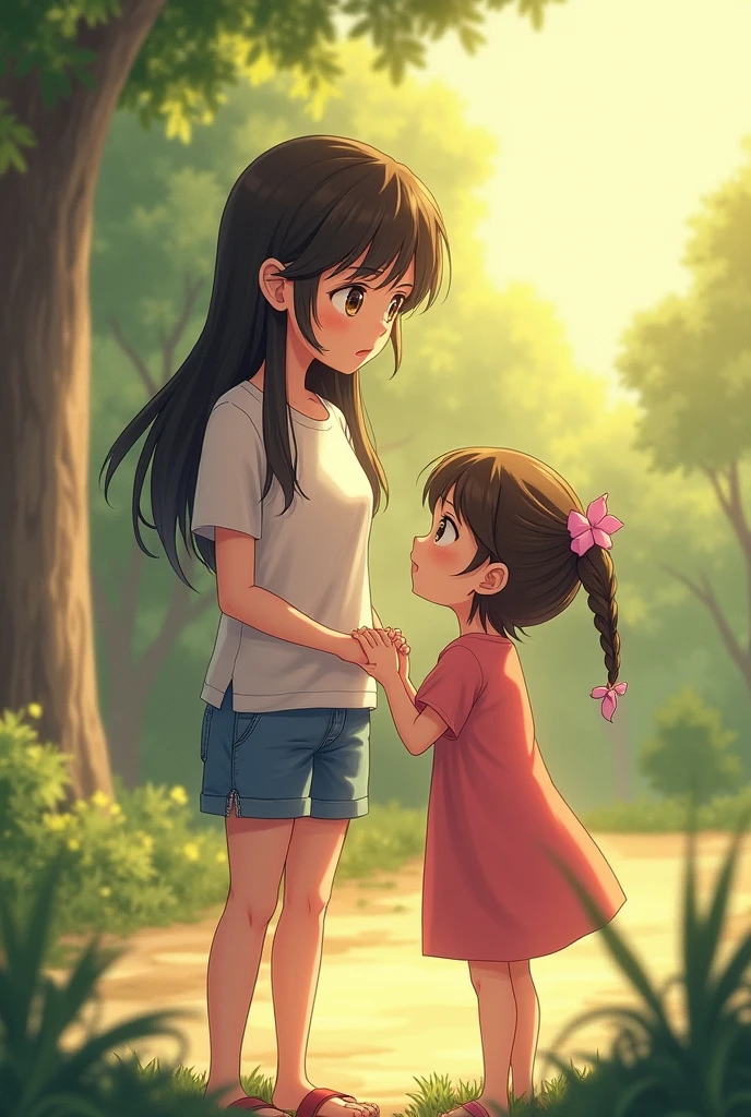 An older sister in 6th grade and a younger sister in 4th grade,Summer vacation real images,high resolution,My sister is like my mother,My sister is unreliable