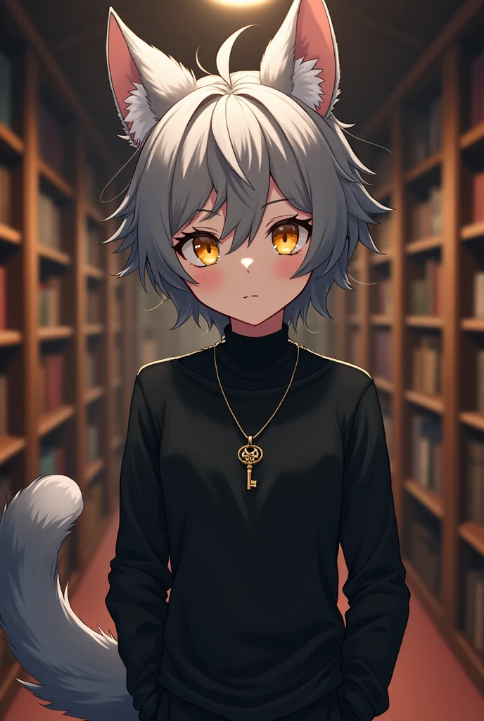anime, human boy, gray fur, yellow eyes, black clothes, Pendant with a small key, medium height, library background 