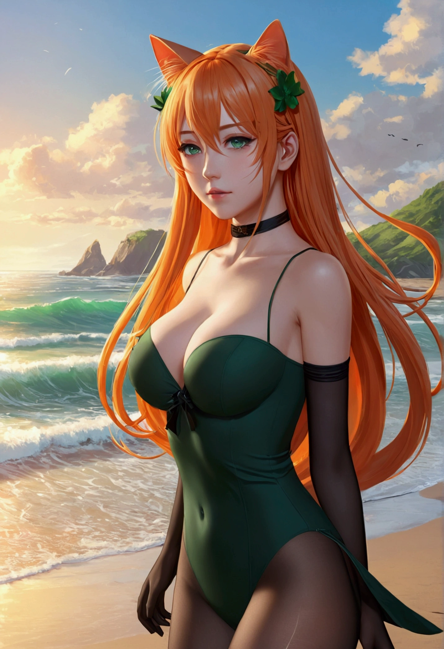 anime girl with long orange hair standing on beach near ocean, green eyes detailed digital anime art, cat ears, , anime girl with long hair, smooth anime cg art, anime girl with long hair, average breast size, digital anime art, artwork in the style of guweiz, beautiful anime portrait, photorealistic anime girl render, beautiful anime girl, advanced digital anime art, pantyhose, guweiz on artstation pixiv upscale HD UHD HQ
