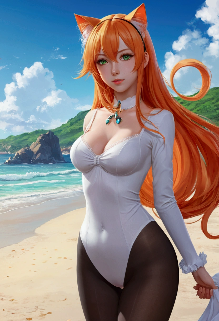 anime girl with long orange hair standing on beach near ocean, green eyes detailed digital anime art, cat ears, , anime girl with long hair, smooth anime cg art, anime girl with long hair, average breast size, digital anime art, artwork in the style of guweiz, beautiful anime portrait, photorealistic anime girl render, beautiful anime girl, advanced digital anime art, pantyhose, guweiz on artstation pixiv upscale HD UHD HQ
