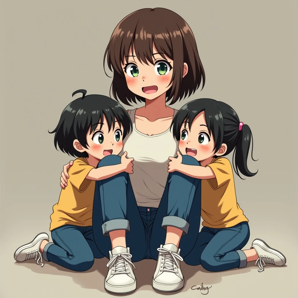 Girl, Brown Bob Hair, Green Eyes, Tank Top, Blue Jeans, White Sneakers, Pleading look, Two Kids with Black Hair and green eyes her holding legs, anime