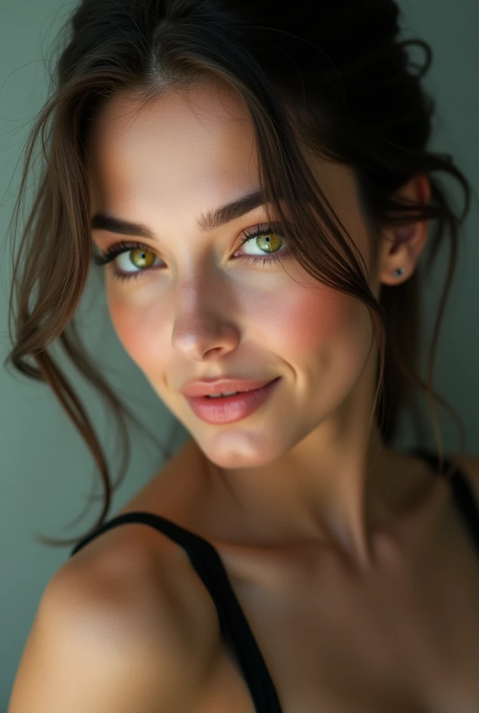 A beautiful French fashion model with heterochromia、The right eye is yellow and the left eye is green.、In a sexy pose、With a seductive smile、Looking at me provocatively