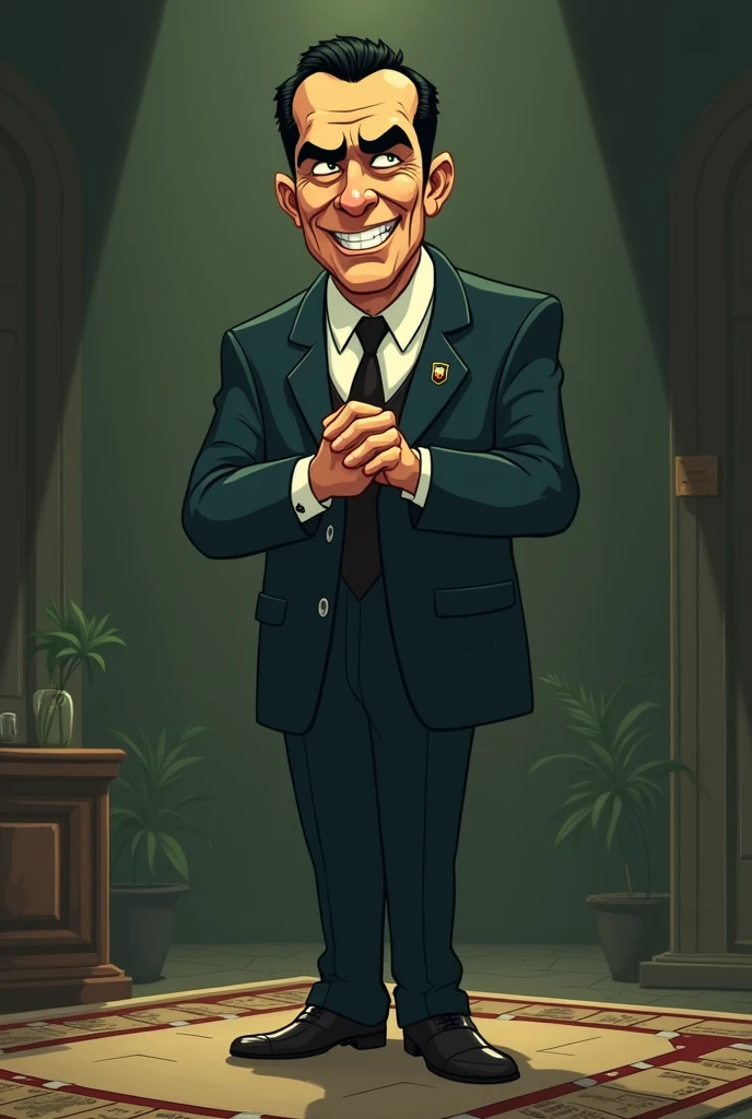 Lucky Luciano in cartoon board game mafia style in dar beige and green background without hat