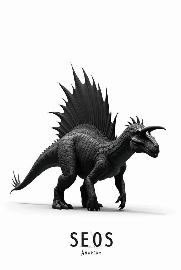 Take a photo with a black spinosaurus on a white background, and in the middle there is an inscription "seos anarchy". Do it in format 1 : 1
