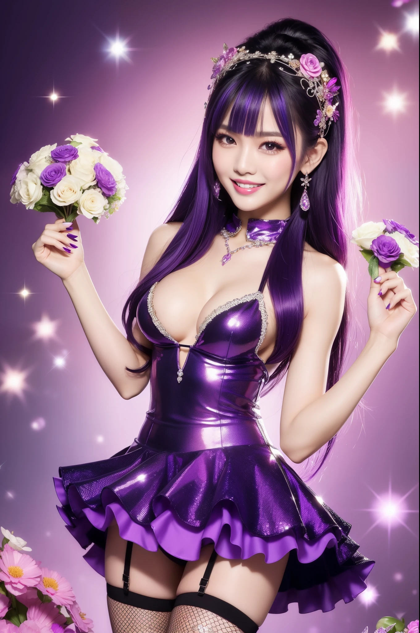  Thai model who controls poison、beautiful smile、lipgloss、intense makeup、look at the camera、full body Esbian、、sparkling poisoned flower costume (purple)、、、、shiny sparkling multicolor hair、secrete poison、skull hair accessories、fishnet tights、shiny sparkling flowers background
