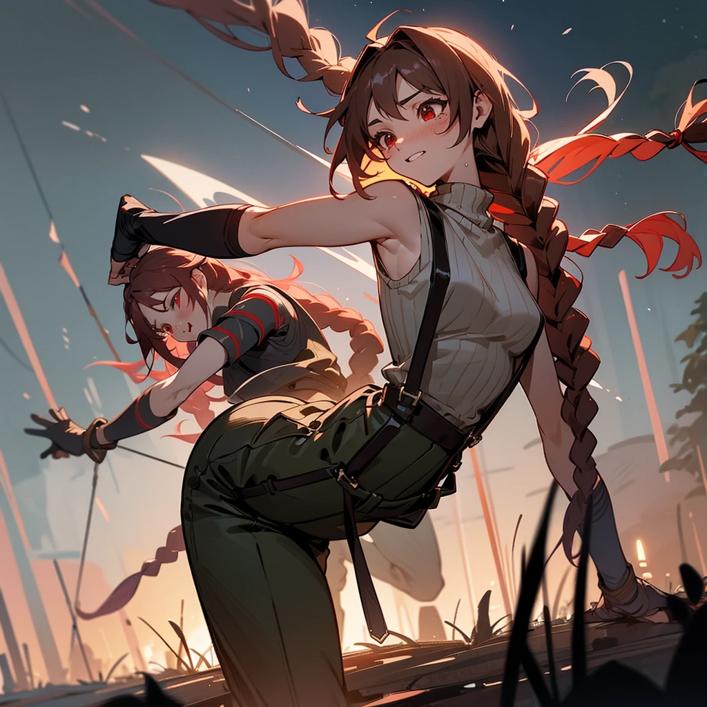 1female, sexy, young adult, finely detailed red eyes, wild long hair, braided hair, dark brown color hair, adventurer gear, suspenders, sleeveless crop top sweater, baggy combat pants, night time, dark forest, excited expression, flowers, blushing, standing on path, lanturns, black armband, mma gloves