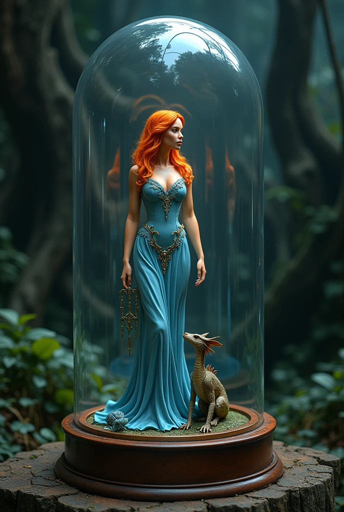 A realistic shrunken-down version of a real-life scene inside a dragon-shaped glass display case: a true-to-life depiction of [full body photograph of beautiful orange-haired, medium breasted dark tanned woman, dressed in an ice blue very sexy dress. Together with her very small little dragon. both are lost in the deep dark woods]. The display case is placed on a clean wooden floor, with a black background.