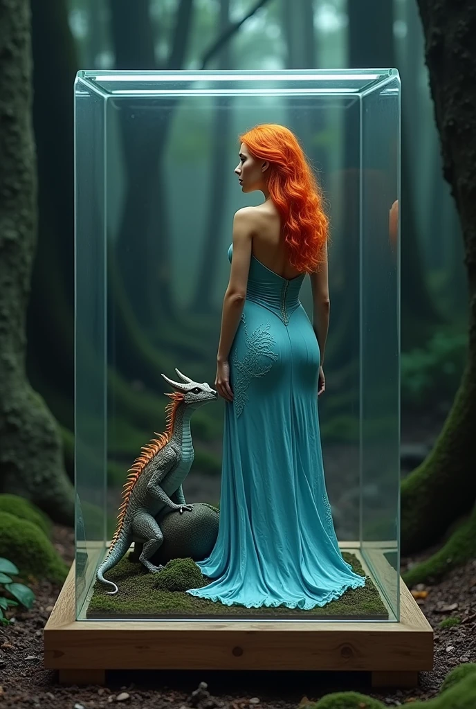 A realistic shrunken-down version of a real-life scene inside a dragon-shaped glass display case: a true-to-life depiction of [full body photograph of beautiful orange-haired, medium breasted dark tanned woman, dressed in an ice blue very sexy dress. Together with her very small little dragon. both are lost in the deep dark woods]. The display case is placed on a clean wooden floor, with a black background.