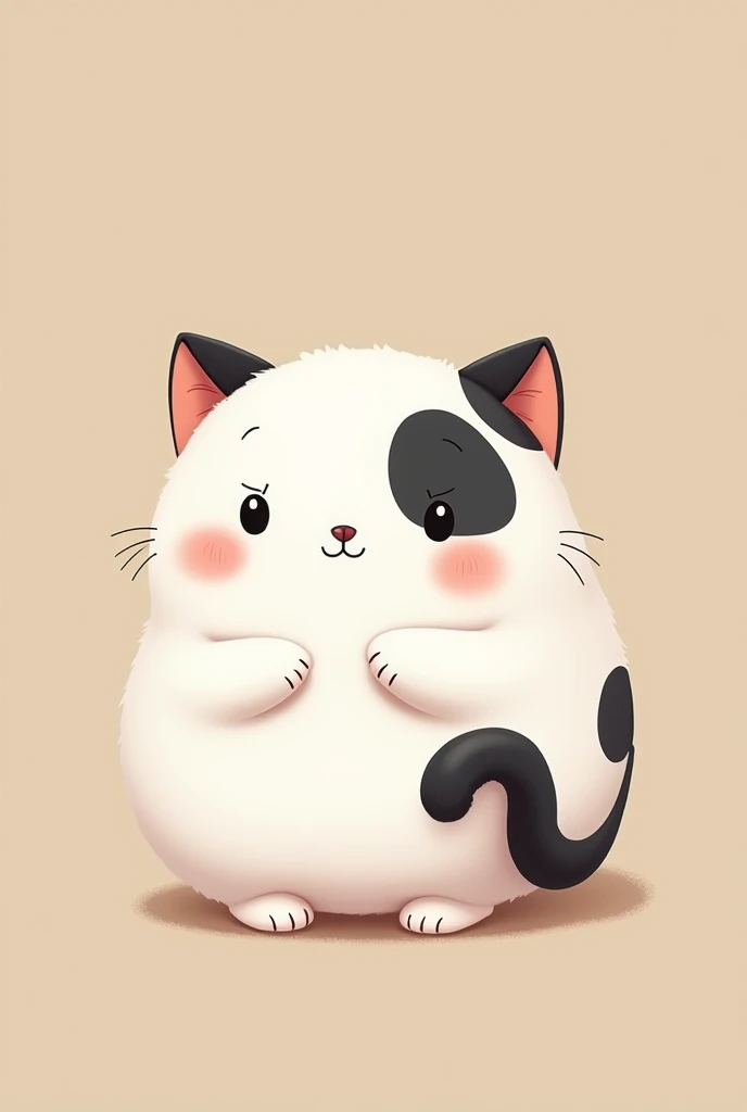 a picture of a chubby white cat, with a black tail and spots on the left ear and one on the right eye