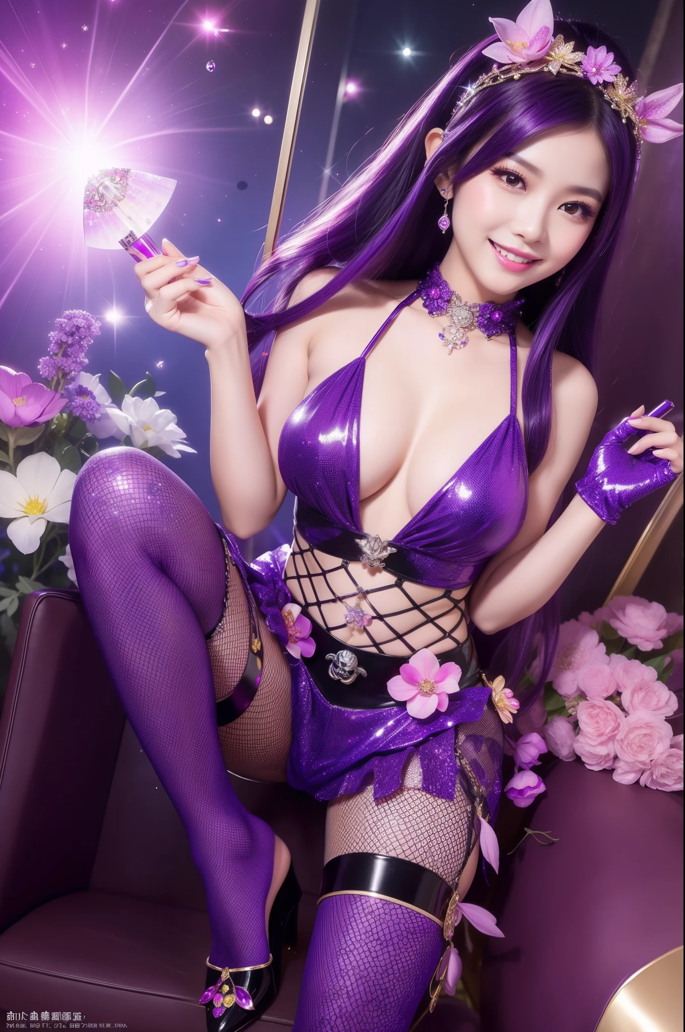 sexy Thai model who controls poison、beautiful smile、lipgloss、intense makeup、look at the camera、full body Esbian、、sparkling poisoned flower costume (purple)、、、、shiny sparkling multicolor hair、secrete poison、skull hair accessories、fishnet tights、shiny sparkling flowers background