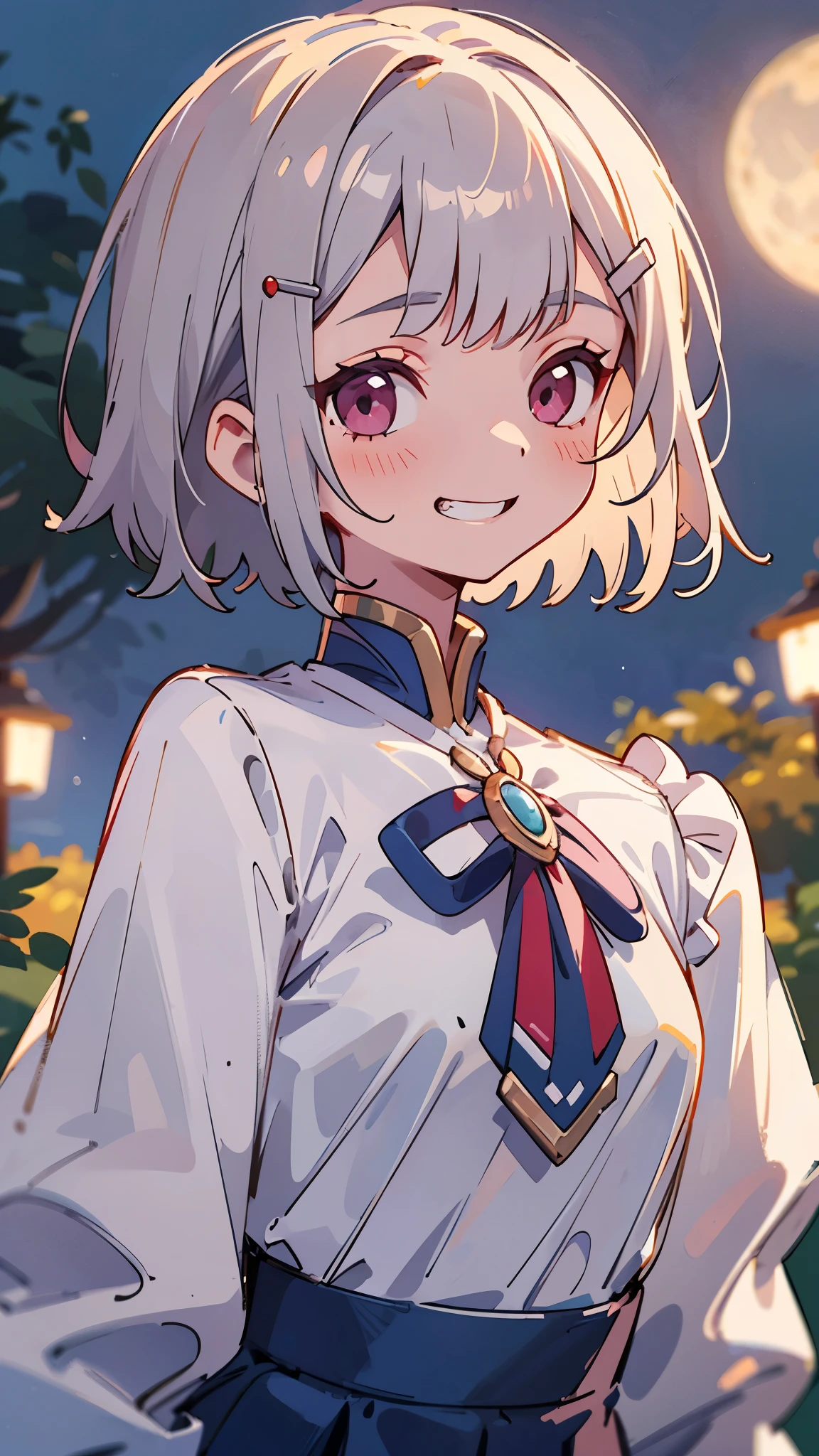 Highest quality、Teenage Girl、High resolution、Beautiful details、Quiet atmosphere、Small breasts、Short silver bob hair held together with a hair clip, Pink Eyes、Grin、Upper body close-up、White blouse shirt with ethnic patterns、Thick outline、Park under the moonlight、Background Blur