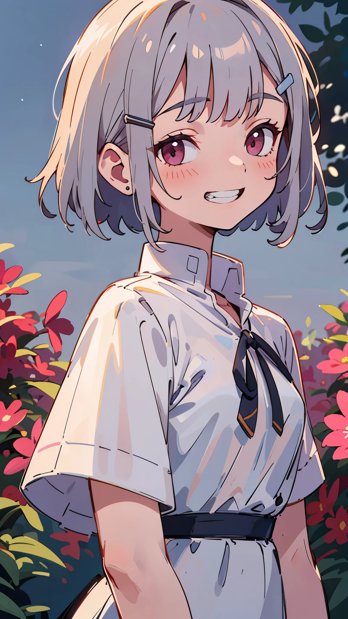 Highest quality、Teenage Girl、High resolution、Beautiful details、Quiet atmosphere、Small breasts、Short silver bob hair held together with a hair clip, Pink Eyes、Grin、Upper body close-up、White blouse shirt with ethnic patterns、Thick outline、Park under the moonlight、Background Blur