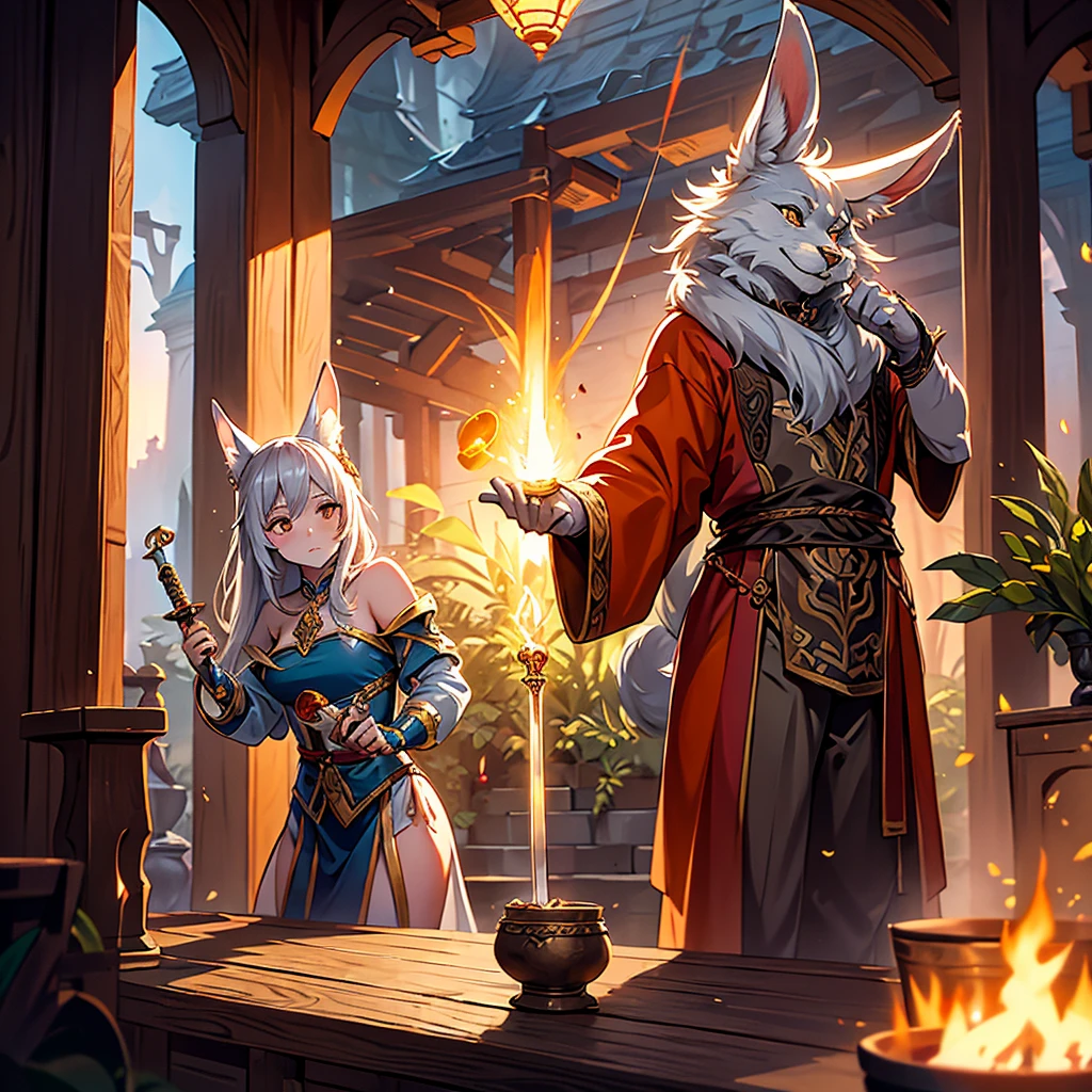Mucha style , Adventure fantasy, the magician old silver wolf , with the droopy-eared swordsman orange rabbit girl , The Swordsman supports the Magician while he is casting a spell.