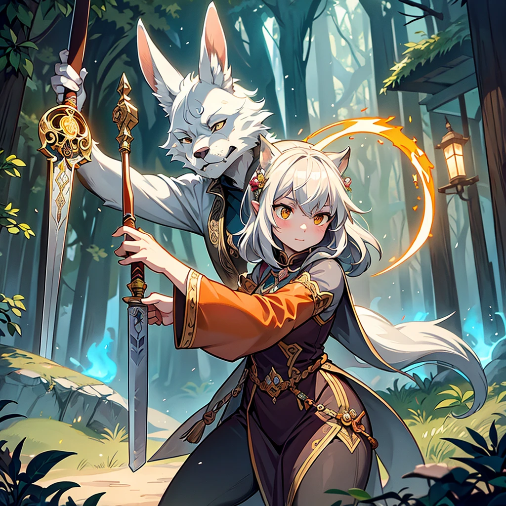 Mucha style , Adventure fantasy, the magician old silver wolf , with the droopy-eared swordsman orange rabbit girl , The Swordsman supports the Magician while he is casting a spell.
