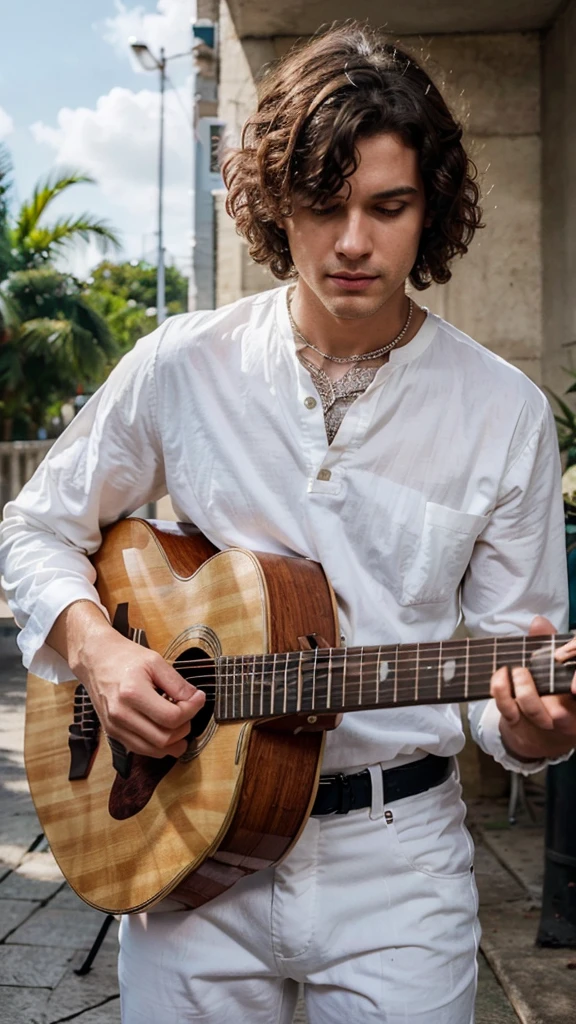 4K realistic man will be with instrument in hand guitar he will be white with curly hair black pants white blouse and light blue backgroundAlta qualidade,