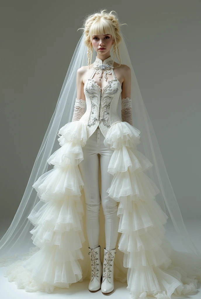 Man of androgynous appearance: Her skin is white and her hair is short, wavy, layered blonde., On top they hold some blonde braids, the groom's veil in layers of organza. She wears an outfit that combines a dress with very tight white dress pants.. The pants are completed with a layered groom's dress train that starts at the waist with lots of elegant tulle and diamonds.. The top of the rocooc dress is complete from waist to neck, imperial collar with jabot ruffles, sleeveless, non-transparent decorated with sewn diamonds and lace on the front. The ensemble is complemented by a layered bridal veil., long, elbow-length lace gloves and rococo boots
