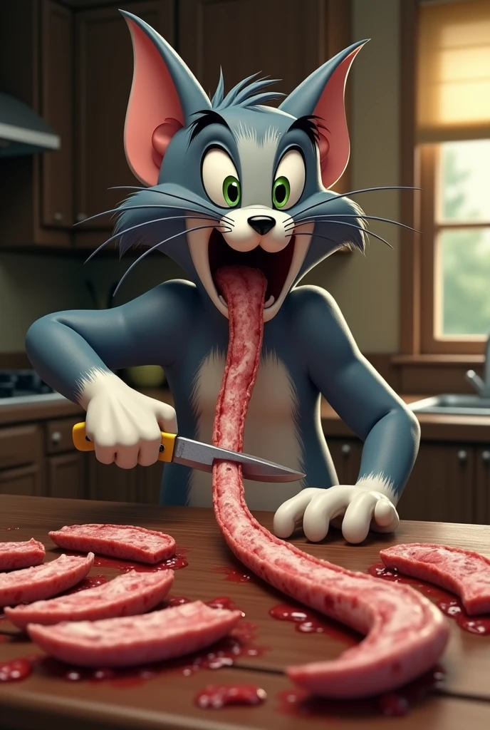 Tom (from Tom and Jerry) cat cutting his own long tail into slices, shocked expression, realistic, long sliced tail, long sliced tail on the counter, mutilated tail