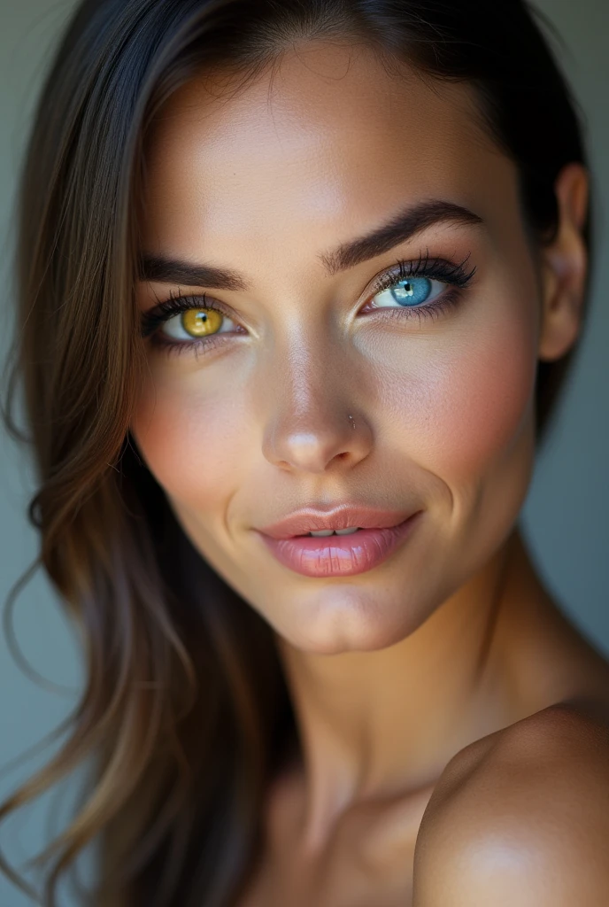 A beautiful French fashion model with heterochromia、The right eye is yellow and the left eye is blue.、In a sexy pose、With a seductive smile、Looking at me provocatively