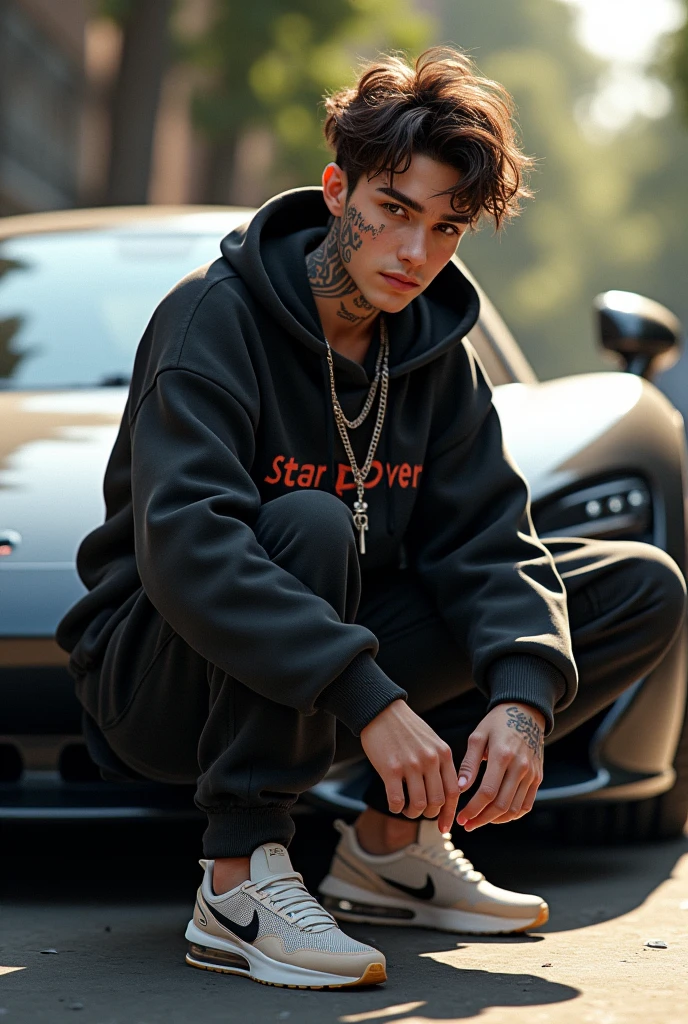 A 20 year old man, brown hair ''start over'' tattooed on face, with the profile pose, putting on a nike airmax sneaker on your foot, with sports car backdrop behind, medium nose, baggy pants and neck chain