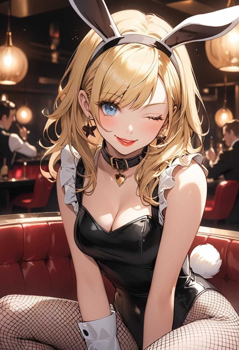 Bunny girl illustration. The character wears an attractive bunny girl costume. Her costume features a black leotard, a rabbit ear headband, white cuffs and collar, and a small tail. She is posing confidently and smiling a little provocatively. The background has a chic and stylish atmosphere reminiscent of a club or lounge, giving the scene an overall glamorous and sophisticated impression,red lips,Fishnet tights,((wink, one eye closed)),shushing,(blonde blue eyes),upper body
