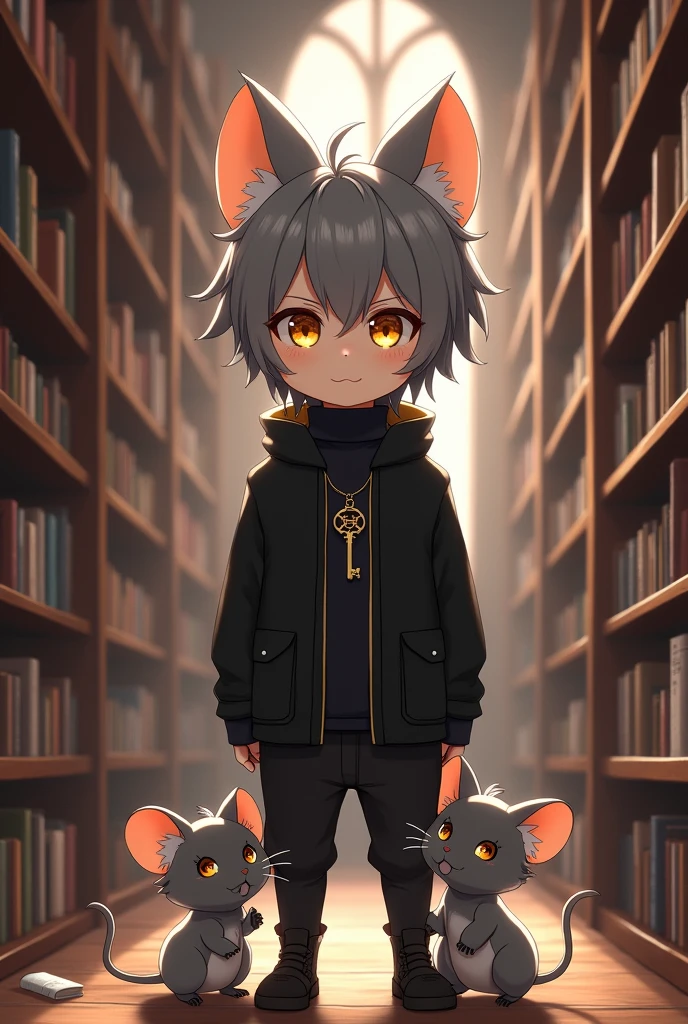 anime, human boy, gray fur, mouse pairs, yellow eyes, black clothes, Pendant with a little key, medium height, library background