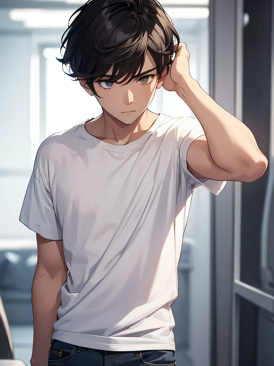 (26-year-old male:1.5),(Brown short hair),(Green Eyes),BREAK(White T-shirt:1.5)BREAK,(Troubled face:1.4),(half closed eyes:1.5),The background is the room,alone,hand on own head,(Biologically correct5Finger)