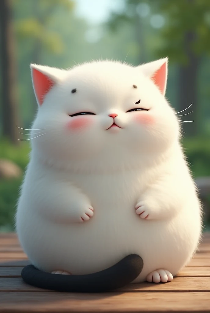 a picture of a chubby white cat, with a black tail and spots on the left ear and one on the right eye, white ears and something realistic