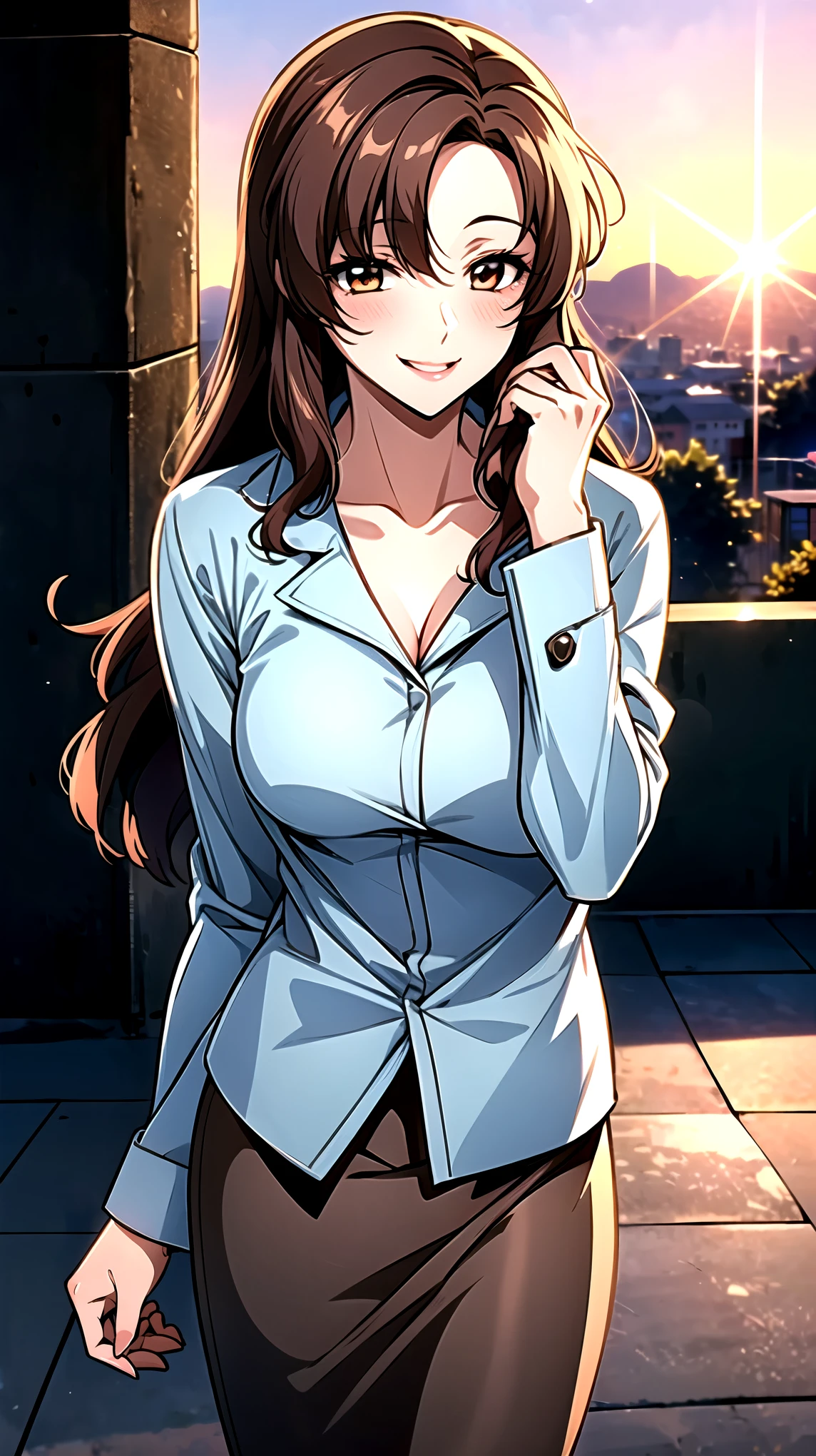 ((super high quality,Ultra-high resolution,16K,super masterpiece,Ultra HD ,Detailed shading,))A hilltop illuminated by the setting sun,One sexy mature woman,((popped Tight collar Pink shirts,sexly,))Folded long sleeves,Red pencil skirt,Looking at the camera,Brown medium long hair,A kind smile,blush,Thick lips,