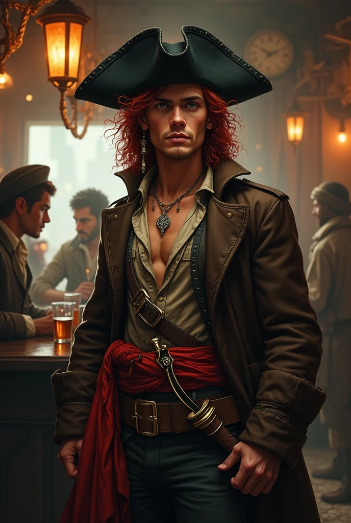 Create an image of a full human race pirate for D&D. An attractive young pirate in his 20s with long curly, garnet-red hair, beardless and with dark green eyes. He wears a black leather battered hat, He wears a long, worn and old brown pirate-style trench coat, with a light shirt and a ruined vest underneath. In life he wears a red sash with a belt, above the belt two pirate sabres. He is drinking rum with other sailors in a pub