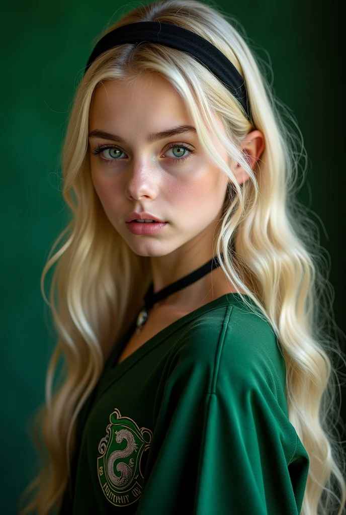 elle a une peau d'ivoire, des yeux verts émeraudes, de longs cheveux blonds plates avec des boucles anglaises accessoirisé d'un serre tête noir et elle porte un uniforme de serpentard
