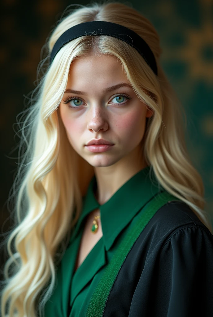 elle a une peau d'ivoire, des yeux verts émeraudes, de longs cheveux blonds plates avec des boucles anglaises accessoirisé d'un serre tête noir et elle porte un uniforme de serpentard
