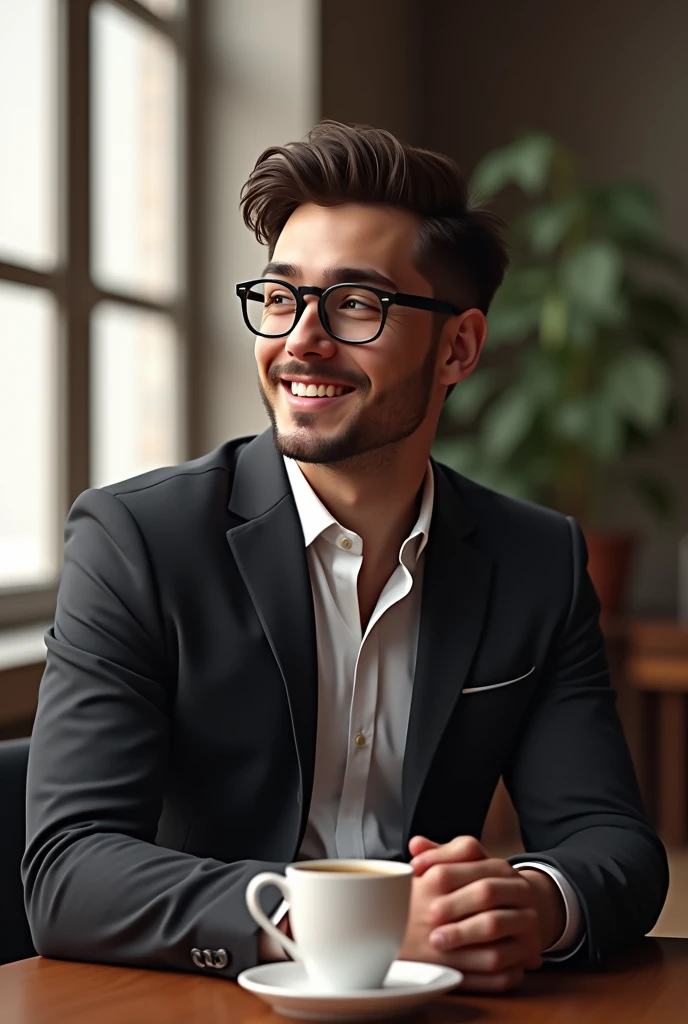 A 2 smart boy, sitting on a chair beside a table with a coffee cup, using eye glass, short stylish hair, stress beard, wearing suit, pant, shoe, side face with a sweet smile, stylish sitting position,