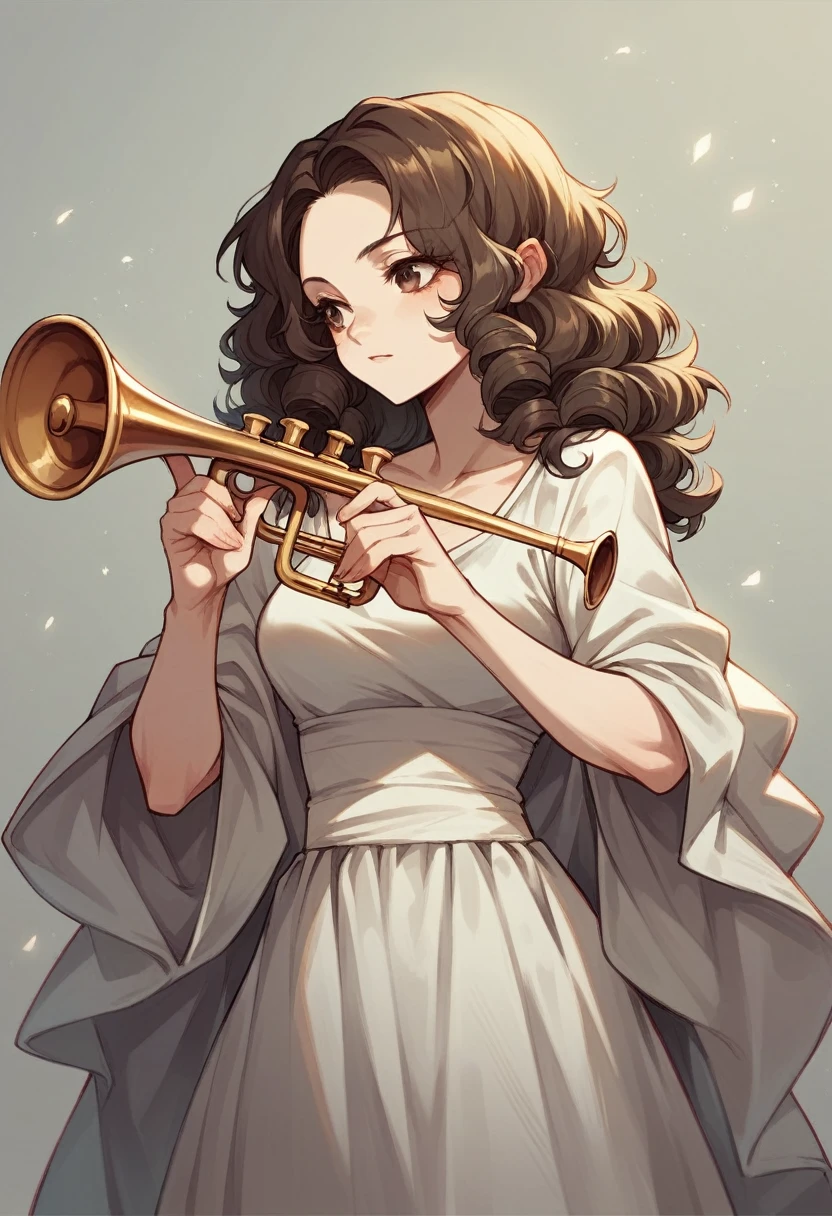 white woman with curly hair and brown eyes playing the trumpet