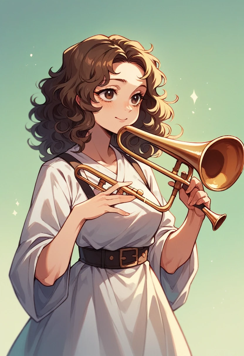 white woman with curly hair and brown eyes playing the trumpet