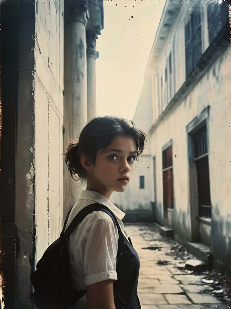 35mm film, A captivating extremely low angle photograph taken from ground level below of an  girl posing outdoors with the background of a vintage colonial building, The creation of a drama, Bottom-up perspective. full body image. She is silhouetted against a radiant, open sky while the walls of the hallway cast it in deep shadows, adding a sense of mystery. with her long, updo hair that flows gracefully, she black and white lingerie, black tennis shoes with white socks, and a black school backpack, she stares at the camera, exuding an enigmatic aura. the striking, high contrast lighting enhances the atmosphere, making this scene truly unforgettable. She looks directly into the camera with a lost look and a slight smile.., with cinematic lighting, professional high definition photography style ,photorealistic
