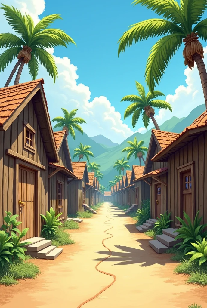 Drawing of a dirt street with wooden houses and palm trees around, not difficult to draw