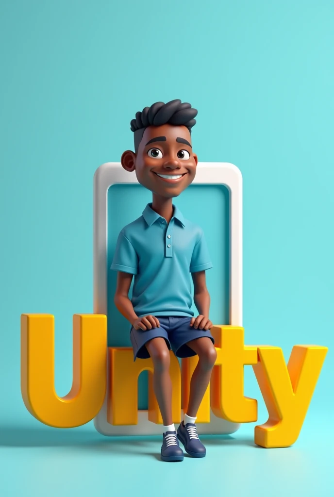 A boy sitting on his school name which is unity and the name is in 3D form. The color of the boy uniform is sea blue as the top and blue black as the down. And also make the text yellow and the background a nice gradient of blue. Make both text and human big and also place a big mobile phone at their back. Lastly make the boy face front and on of his leg swing down. Please make him a university guy and the Name Unity. Make the mobile phone big and long and change his face to adult. His uniform has to me buttons and down should be a short. Make His top a shirt form and make the unity long 