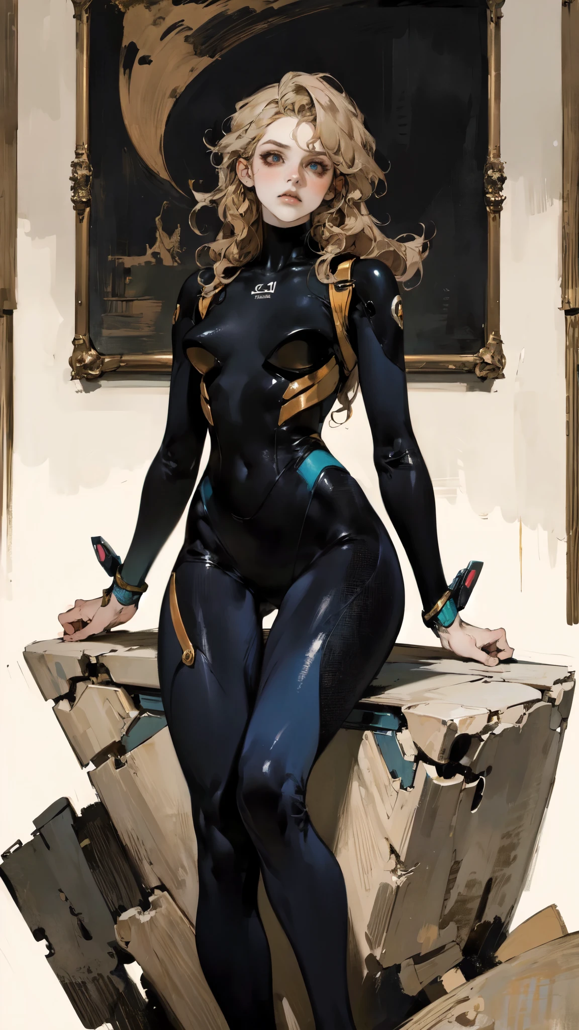 (masterpiece:1.2, best quality:1.2, extremely delicate:1.2), a mature women with long slightly curly brown hair, a well-defined face, intense eyes, a thoughtful expression, brown skin, tall and athletic build, a futuristic fantasy-style blue and black short-sleeved tight-fitting wetsuit, matching trousers, wrist guards, she sits leisurely on a seaside rock, this character embodies a finely crafted futuristic fantasy-style swimmer in anime style, exquisite and mature manga art style, dramatic, high definition, highres, ultra-detailed, ultra-fine painting, professional, perfect body proportions, golden ratio, anatomically correct, symmetrical face, extremely detailed eyes and face, high quality eyes, creativity, RAW photo, UHD, 32k, Natural light, cinematic lighting, (masterpiece-anatomy-perfect:1.2)