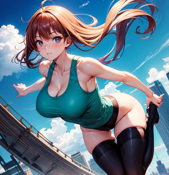 An attractive weightless hot anime girl with large breasts wearing a tank top and tights flying over a city flirtatiously, levitation, gently floating