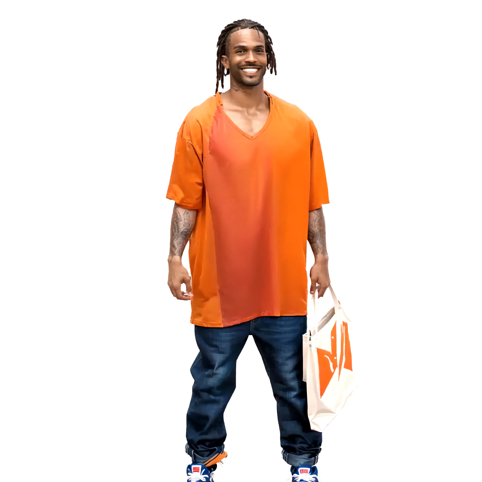 a close up of a person wearing a orange shirt and jeans, dreadlocks, black man, smiling, in his 50s, full body picture, gta character, full body character, full body shot hyperdetailed, full-body-shot, ingame image, 3 d demo reel avatar, as a character from gtav, full body profile camera shot, zoomed out full body, oversized, shoes visible