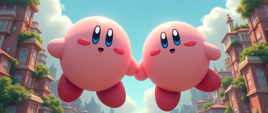 two giantkirby,two giantkirby step on littlecity,4k,cute,Looking up perspective