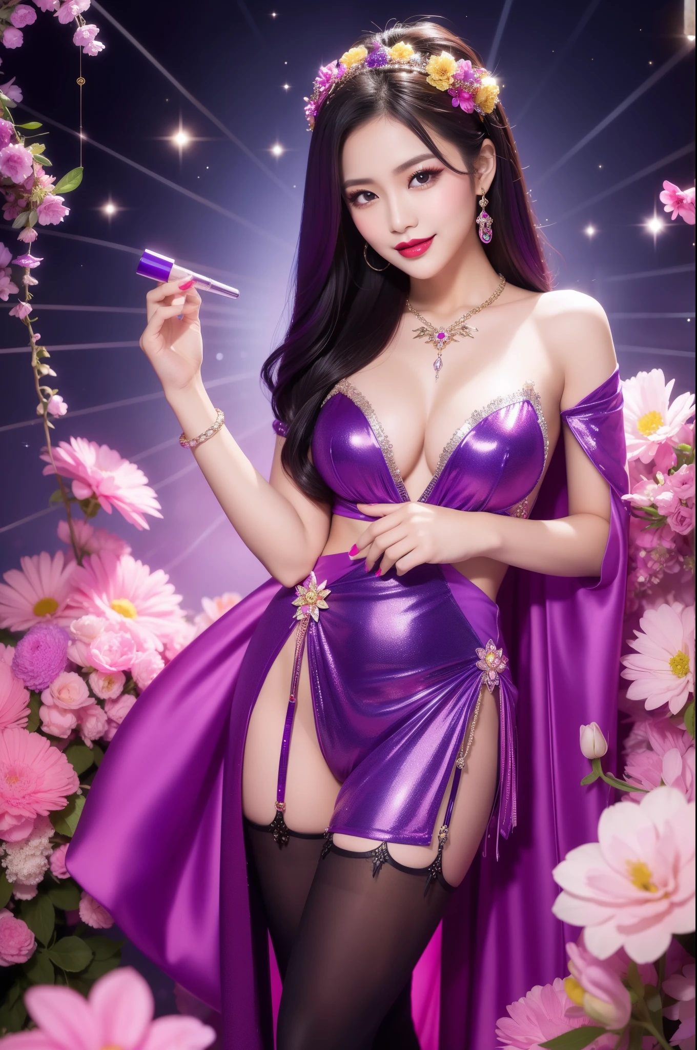 sexy Thai model who controls poison、beautiful smile、lipgloss、bold lipstick、intense makeup、look at the camera、full body Esbian、、sparkling poisoned flower costume、、、、sparkling Colorful hair、secrete poison、skull hair accessories、sexy tights、shiny sparkling flowers background