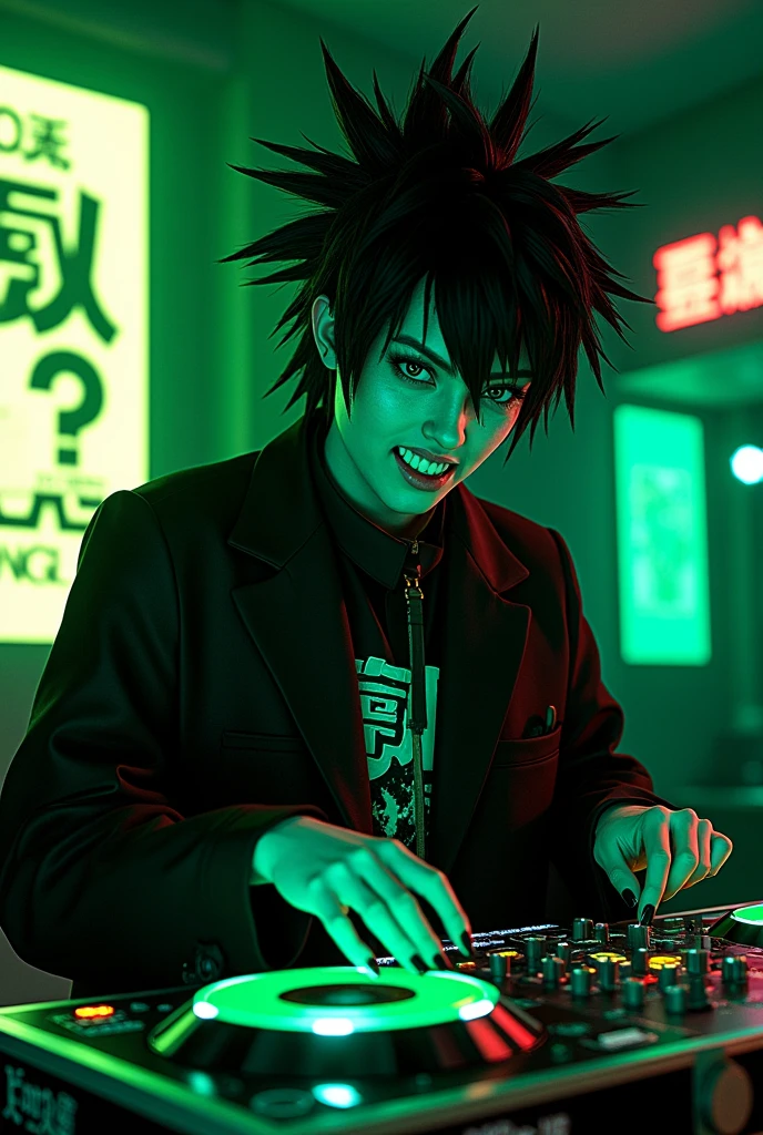 manga japanesse cartoon of a fluorescent green-black color vampyre dj , add the text ¨Rick D´Angle ¨ to the image , totally night view photo with ultra open wide lens photo technic, octane rendering, 8192k ultra hifi