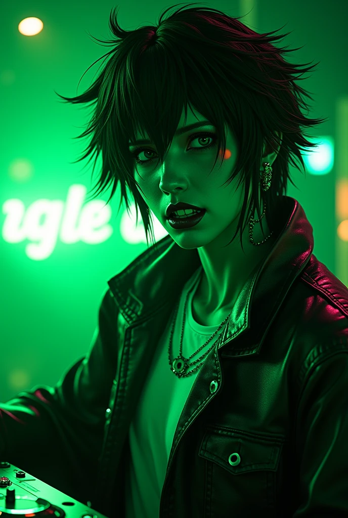 manga japanesse cartoon of a fluorescent green-black color vampyre dj , add the text ¨Rick D´Angle ¨ to the image , totally night view photo with ultra open wide lens photo technic, octane rendering, 8192k ultra hifi