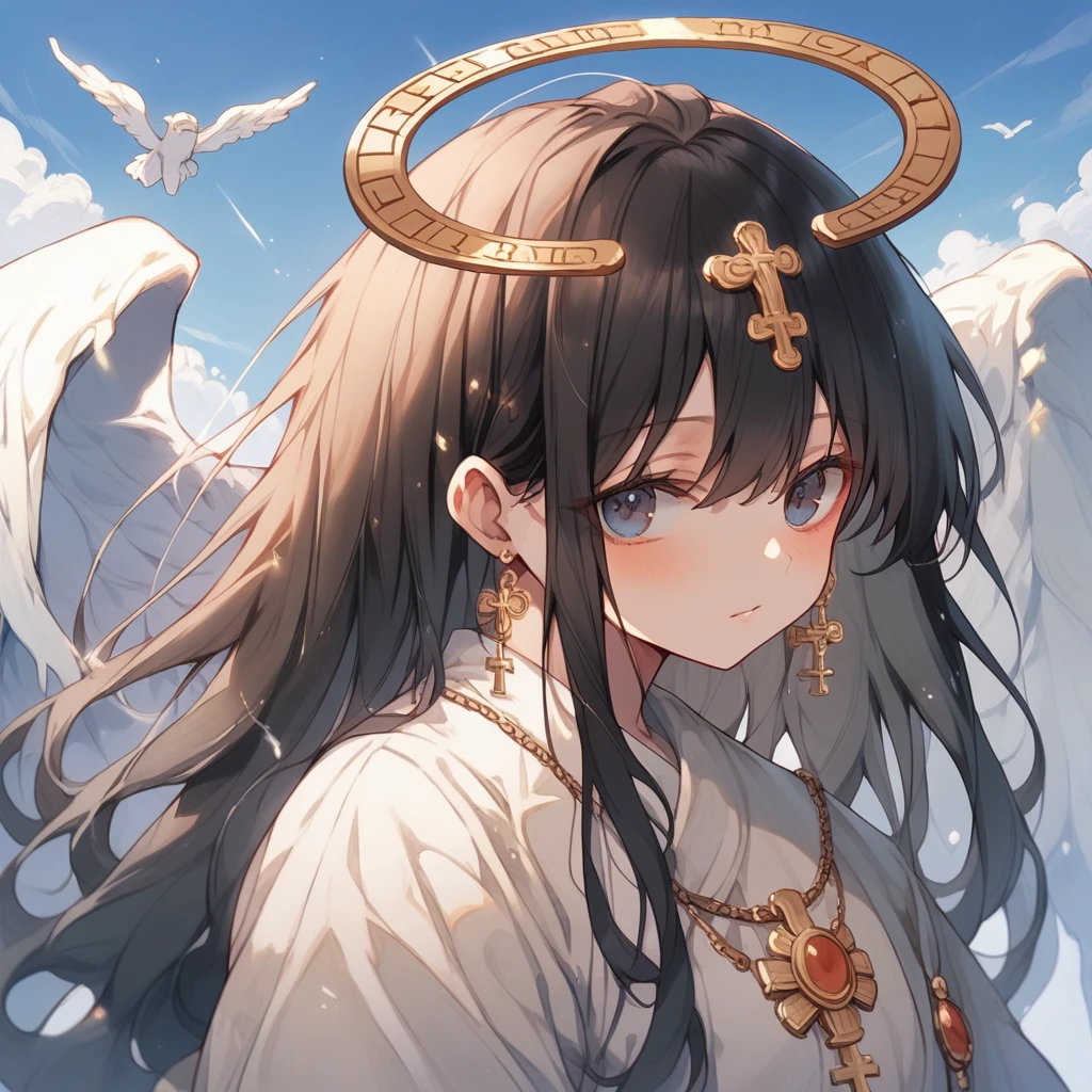 A very beautiful angel dressed in ancient Greek clothing, blue sky, With a medieval European church in the background, Cinematic lighting,立ち、大きな胸、nsfw、ローアングル