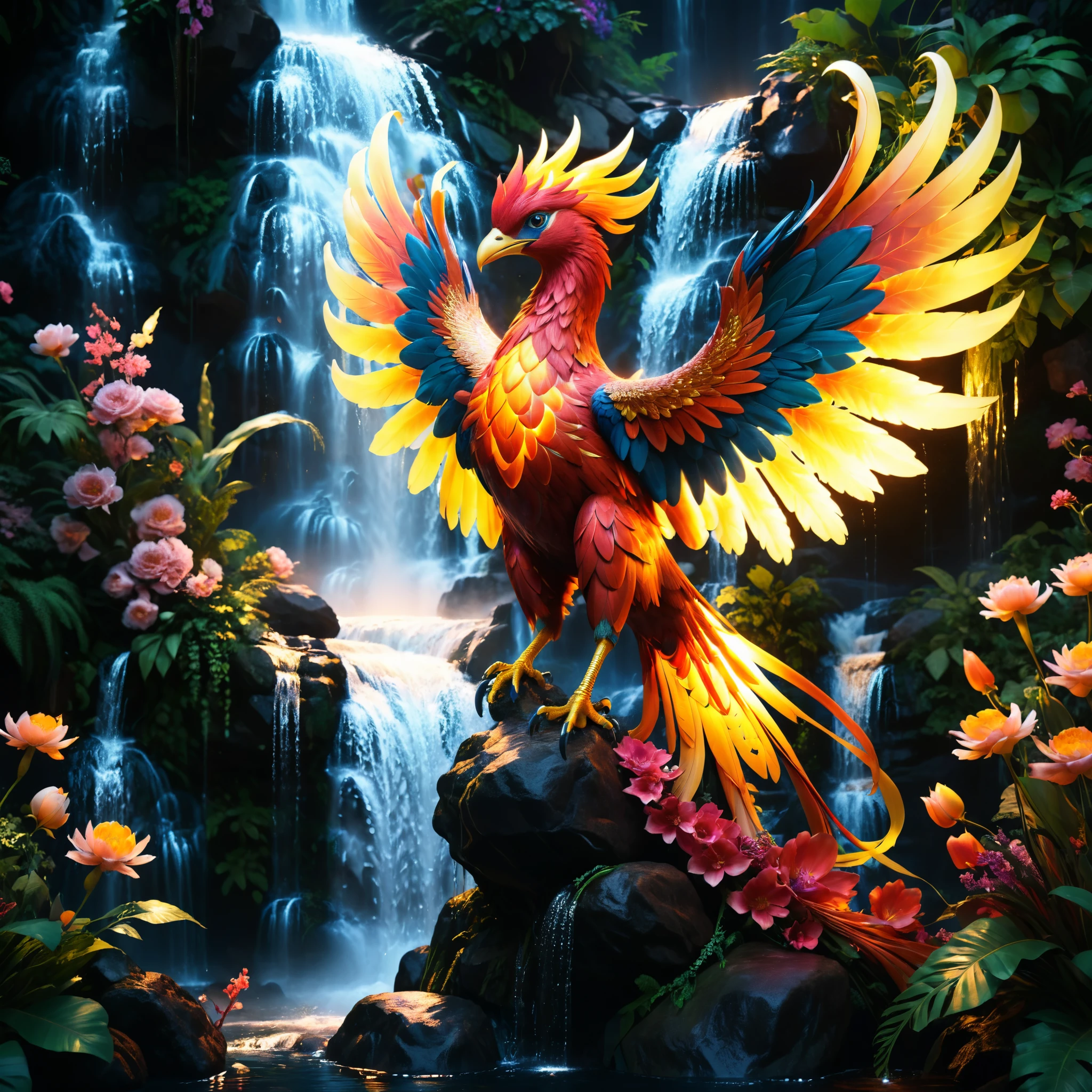 (glowing phoenix,perfect anatomy),flower,waterfall,cinematic lighting,(masterpiece,8k,Professional,perfect composition,very aesthetic,absurdres,ultra-detailed,intricate details:1.2),perfect proportion