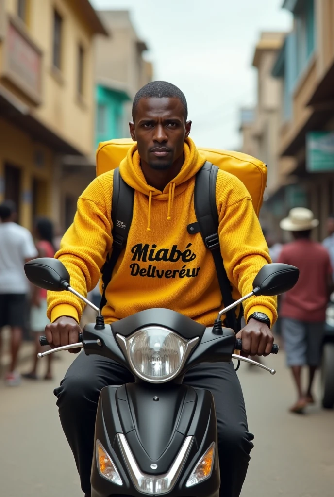 An African delivery agent dressed in a yellow knitted shirt with the words MIABÉ DELIVEREUR written on it, who carries a yellow delivery bag on his back on a scooter