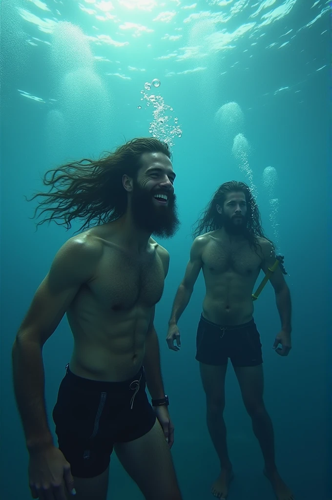 make a photo of a 2 man underwater, he has a balbo beard, his face is slim, he has long hair, he has a lot of leg hair and no chest hair, he is smiling and blowing bubbles underwater while recording