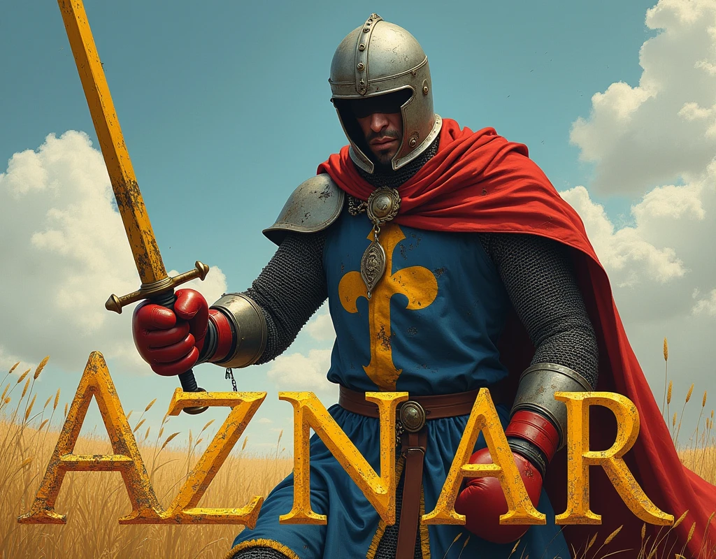 A poster depicting a man, no mouth, damaged by fighting. medieval battered chain mail, helmet, gloves, very battle-damaged, blue and red coat of arms, boxing gloves hanging around the neck, with blue and red coat of arms thin vertical yellow sword painted upwards with 2lily flowers. He's on a ring in a field, with the words "Aznar" written in large golden letters in the foreground.