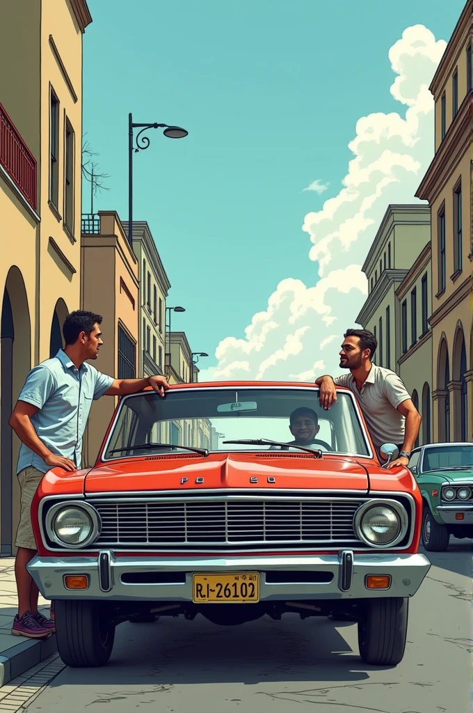 Cartoon Ford Maverick fully visible with a 2 white-skinned man leaning against the side of it in the city of São Paulo